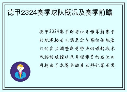 德甲2324赛季球队概况及赛季前瞻