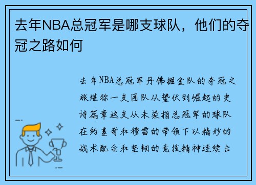 去年NBA总冠军是哪支球队，他们的夺冠之路如何